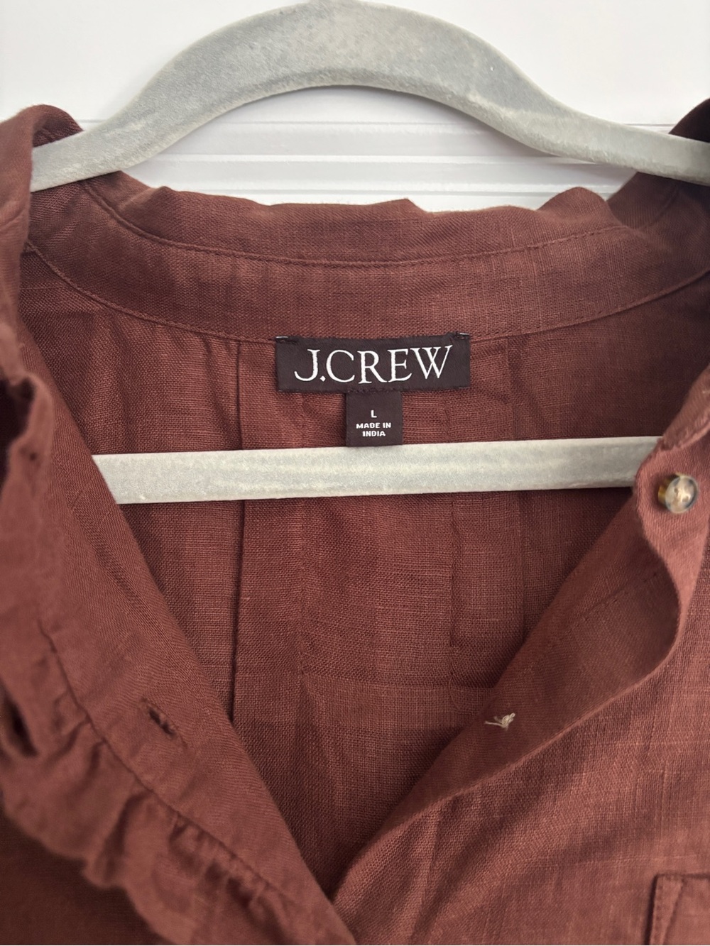 J. Crew Women's Rust Brown Ruffle Linen Button-Down Top - Picture 2 of 3